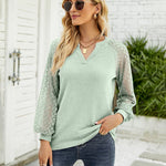Nadorine V Neck Tops Solid Color Blouse Long Sleeve Pullover Lace Patchwork Shirt