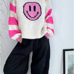 Positivity and Warmth Knit Happy Face Contrast Color Loose Sweater