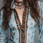 Retro Leopard Print Fitted Blouse With Lace Trim