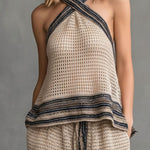 Boho Casual Beige Crochet Halter Top & Drawstring Pants Two-Piece Set