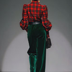 Trendy Retro Plaid Velvet Turtleneck Long-sleeved T-shirt And Wide-leg Pants Set
