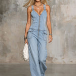 Retro Pink Denim Sleeveless Jumpsuit
