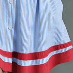 Retro-style Color-blocked Trim Blue Striped Long-sleeved Collared Cotton Mini Dress
