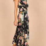 Wine Country Dates Floral Halter Neck Elastic Waist Satin Maxi Dress