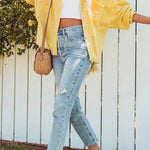 Distressed Raw Hem Denim Jacket with Chest Pockets