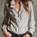 Vintage Cotton Stripe Ruffle V-Neck Button-Down Blouse