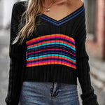 Striped Contrast V-Neck Dropped Shoulder Sweater