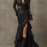 Black Faux Leather Corset Maxi Dress With Lace Sleeves