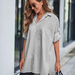 Nadorine Long Cuffed Sleeve Shirts Button Down V Neck Blouse Loose Fitting Tops