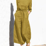 Solid Color Long Sleeve Rompers Back Button Elastic Waist Wide Leg Long Jumpsuit