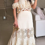 Valia Crochet Cutout Lace Off Shoulder Top and Elastic Waist A-line Maxi Skirt Set