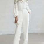 Loose Puff Sleeves Applique Flower Shape Mesh Split-Joint Round-Neck Blouses&Shirts Tops