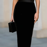 Black Satin Bow & Velvet Fitted Midi Dress