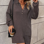 Solid Color Lapel Button Knit Mid Length Sweater Dresses