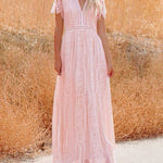 V-Neck Half Sleeves Lace Bohemian Floor Length Dress