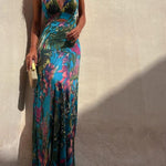 RAINFOREST PARADISE TROPICAL PRINT CUTOUT BACK CROSSOVER STRETCH MAXI DRESS