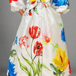 A-Line Long Sleeves Buttoned Elasticity Pockets Tied Waist Mock Neck Maxi Dresses