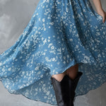 Retro Classic Floral Print Navy Blue Chiffon Sleeveless Maxi Dress