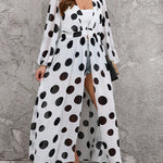 High Waisted Long Sleeves Pleated Polka-Dot See-Through Split-Joint Deep V-Neck Maxi Dresses Outerwear