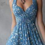 Retro Classic Floral Print Navy Blue Chiffon Sleeveless Maxi Dress