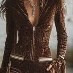 Retro Sporty Brown Leopard Print Lapel Front Zip-up Top And Flared Pants Velvet Set
