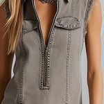 Vintage Distressed Wash Khaki Denim Raw Hem Mini Dress