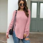 Nadorine Crew Neck Long Sleeve Slit Pullover Knit Sweater
