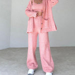 Elegant Three-pieces Knitwear Set Crop Vest Button Sweater Cardigant and Wide Leg Pant Outfits