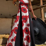 Floral Print Suspenders Paneled Back Pleated Maxi Dress
