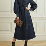 Puff Sleeves Belted Buttoned Pockets Split-Joint Lapel Midi Dresses