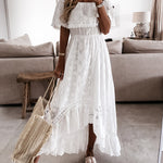Off Shoulder Eyelet Embroidery Dip Hem Dress
