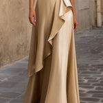 Elegant Satin V-Neck Maxi Dress With Asymmetric Ruffle