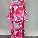 Batwing Sleeves Loose Flower Print Pleated Split-Joint Round-Neck Maxi Dresses