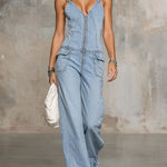 Retro Pink Denim Sleeveless Jumpsuit