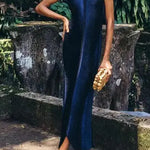 Margovil Chicest Halter Draped Fringe Maxi Party Dress