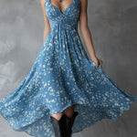 Retro Classic Floral Print Navy Blue Chiffon Sleeveless Maxi Dress
