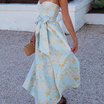 Margovil Ruffled Shoulder Bow Knot Waist Slit Printed Vintage Party Dress