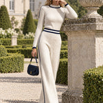 Retro Casual Color-blocked White Knit Top And Pants Set