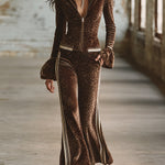 Retro Sporty Brown Leopard Print Lapel Front Zip-up Top And Flared Pants Velvet Set
