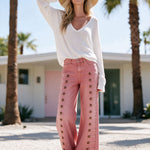 Vintage Button-down Washed Pink Flared Frayed Jeans