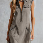 Vintage Distressed Wash Khaki Denim Raw Hem Mini Dress