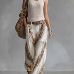 Elegant Vacation Style White Mesh Knit Tank Top Chiffon Printed Wide-leg Pants Set