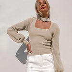 Lantern Sleeve Hollow Half Turtleneck Knit Sweater