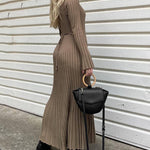 Long Sleeve Dress Crew-Neck Knit Maxi Dress Ribbed Elegant Long High Waist Pleated Dresses