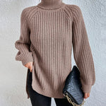 Mid-Length Raglan Sleeve Turtleneck Slit Sweater