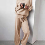 Women's Knitted Sweater Set Solid Color Two Piece Turtleneck Sweater Straight High Waist Wide Leg Pants Set