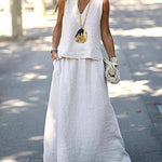 Nadorine Women's Casual Sleeveless V-neck Vest with Elastic Waist Long Flowy Skirt Set
