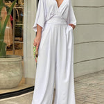 Nadorine Women's Deep V Long Bat Sleeve Casual Jumpsuit High Waist Wide Leg Trousers Cute Rompers