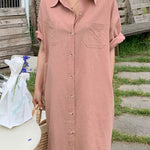 Oversized Button Down Maxi Shirt Dress Short Sleeve Side Split Casual Loose Solid Tunic Dress