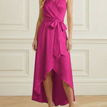 High-Low Loose Ruffle Trim Solid Color Tied Waist V-Neck Maxi Dresses